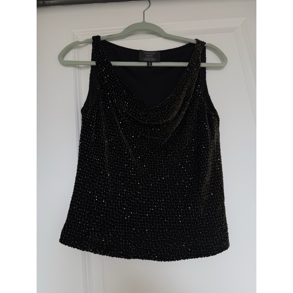 VTG carmen marc valvo Sleeveless Rhinestone Drape Neck Top Cowl Black Size‎ 8